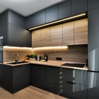 Prima Armoire de cuisine moderne en bois laqué à haute brillance contreplaqué MDF Island Armoire de rangement en aggloméré avec évier pour villa
