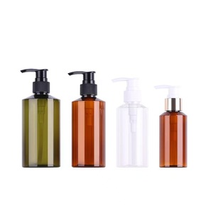 Bouteille de shampooing en plastique PET vide, ambrée, verte, transparente, avec pompe noire ou blanche, personnalisable avec logo, pour sérum et crème corporelle. - Product Image 1