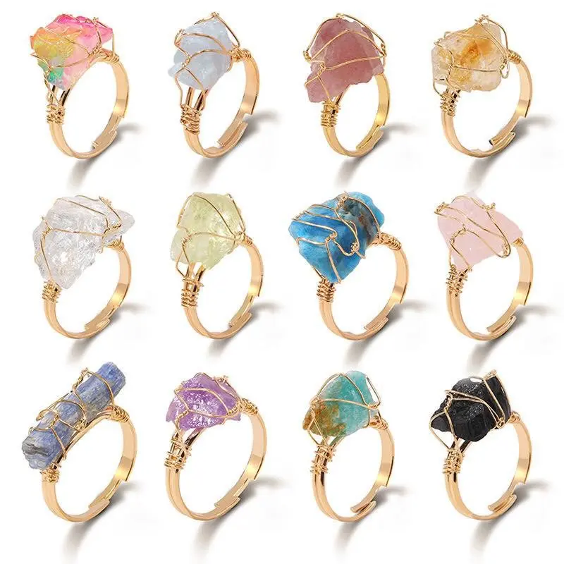 Anéis de pedra preciosa ajustáveis mineral, arame de mão, pedra preciosa natural, cristal, anéis naturais, de quartzo, ametista, anéis de pedra áspero