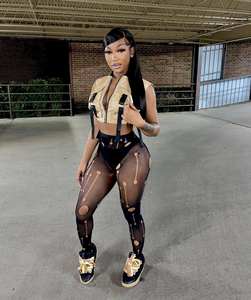 Y2k महिलाओं की ग्रीष्मकालीन कैजुअल स्किनी कटआउट पैंट के साथ रिप टाइट्स के माध्यम से रिप टाइट्स के माध्यम से देखें - Product Image 5