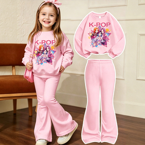 Set di Abbigliamento <span class=keywords><strong>alla</strong></span> <span class=keywords><strong>Moda</strong></span> <span class=keywords><strong>per</strong></span> Bambine, Felpa con Stampa Grafica K-Pop e Pantaloni a Zampa Rosa, Outfit Primaverile e Autunnale Personalizzato - Product Image 1