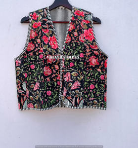 Handmade Black Vintage <b>Quilted</b> <b>Jacket</b> Women Front Open Kimono Stripe Piping <b>Denim</b> Crop Top Cotton Patchwork Design Printed - Product Image 1