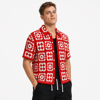Benutzerdefiniertes LOGO Herren Häkelhemd Granny Square Weiße Knöpfe Kurzarm Ausbreitkragen Rot Sommer Polyester OEM & ODM Fabrik