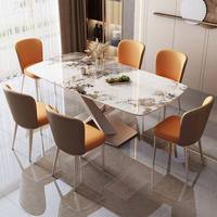 X-Rahmen Gesinterter Stein Esstisch Rechteckige Marmor-Optik Tischplatte Champagner-Gold Schwarze Beine 6 Stühle Restaurant-Set