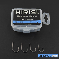 Hirisi 8001 hameçons barbelés en acier inoxydable à revêtement à haute teneur en carbone Pack de crochets de pêche à la carpe avec boîte d'origine au détail 50pcs par paquet