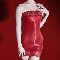 Robe bustier brillante effet huile pour femme, mini-robe moulante avec dentelle, lingerie sexy transparente et brillante