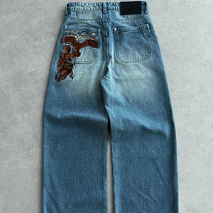 Pantalon en <span class=keywords><strong>jean</strong></span> vintage personnalisé pour homme, style Y2K, effet usé, broderie 3D, <span class=keywords><strong>jean</strong></span> baggy, broderie surdimensionnée, motif de designer - Product Image 4