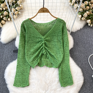 Blusa de Tricô Fina Estilosa para Primavera e Outono - Decote em V, Caimento Solto, Cordões Ajustáveis, Design Coreano Vazado - Product Image 1