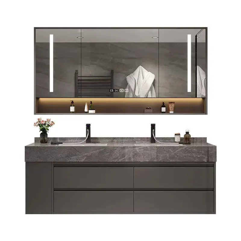 Modern Wall Mounted Luxury Double Sink Basin Bathroom Vanity Cabinet Waterproof Furniture Floating mirror cabinets