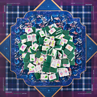 Tuiles de Mahjong Américaines Vert Cèdre avec Tapis de Mahjong Imprimé à Carreaux Marine et Floraux pour Soirée de Jeu de Mahjong