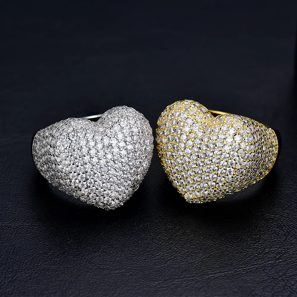 JR07 güzel takı fabrika toptan buzlu Out Moissanite elmas erkekler 14K altın kaplama 925 ayar gümüş kalp Hip Hop yüzük