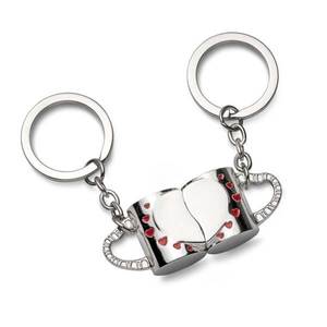 Portachiavi con due tazze e design a cuore, ciondolo in vetro placcato argento, regalo per coppie - Product Image 2