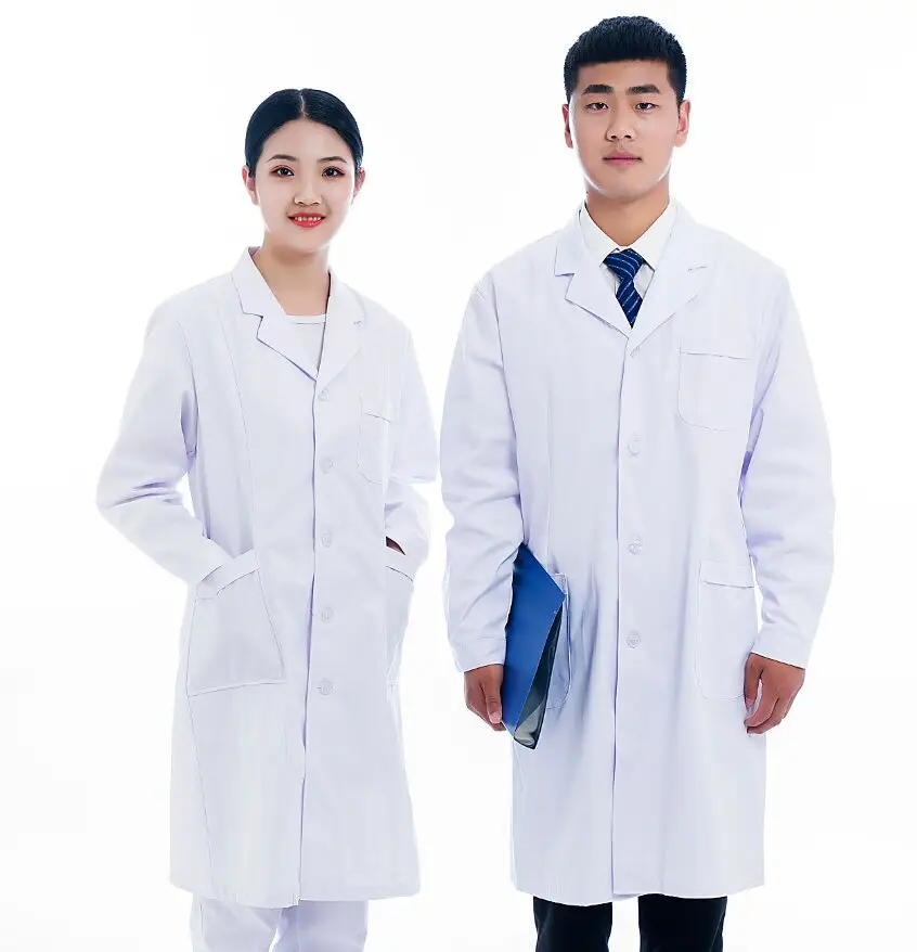स्वनिर्धारित लोगो और उत्पाद पेशेवर यूनिसेक्स सूती कपड़े अस्पताल की वर्दी मेडिकल डॉक्टर नर्स सफेद लैब कोट पहनते हैं