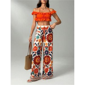 Pantalones Anchos de Cintura Media con Estampado Floral Bohemio para Mujer, Transpirables, con Cordón Elástico, Estilo Holgado, para Vacaciones - Product Image 5