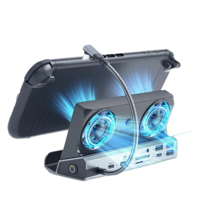 8K Handheld Console Docking Station with Dual Fans, One-Touch Screen Off, Compatible with Switch 2 / Steam Deck / ROG Ally