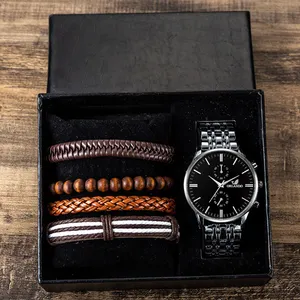 Mode Lederen Armband Horloge Set Voor Heren Van Hoge Kwaliteit Casual Quartz Polshorloge Armband Set Met Doos Cadeau