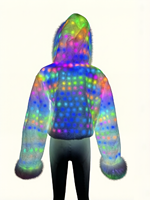 Veste à capuche courte en fausse fourrure pour femme, avec lumières LED arc-en-ciel, changeant de couleur, lumineuse, pour festivals, Halloween et soirées