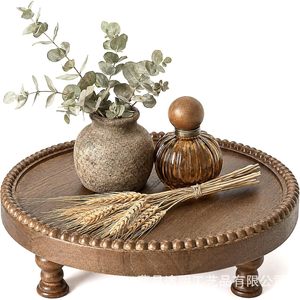 Plateau décoratif rond en bois de pin avec bordure perlée pour la décoration de la maison ou d'une ferme - Product Image 2