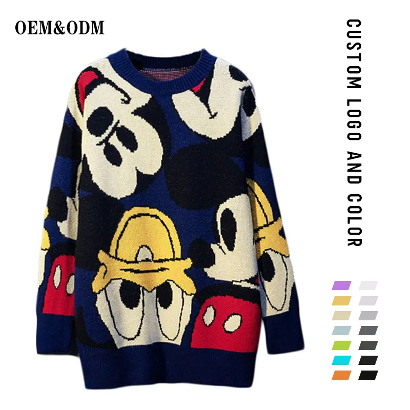 FYB Winter Cartoon Custom Pullover Women Jacquard Casual Long Crew Neck Knitted Ladies Sweaters