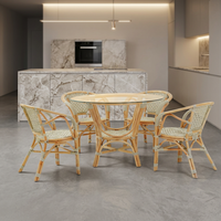 Ensemble de salle à manger 4 pièces Pelangi Bistro, style artisanal asiatique, avec chaises en rotin confortables et table en bois massif, mobilier de maison