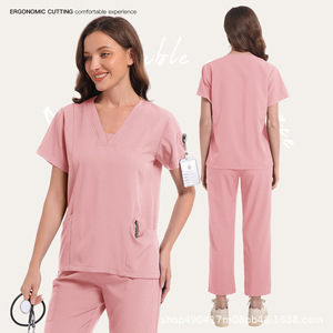 Women V Neck Scrub Set Moisture Wicking Knitted Split Uniform Hospital Workwear Short Sleeve Two Piece Uniforms - Product Image 3