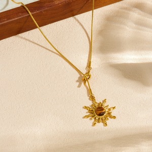 Gold Plated Sun Pendant Necklace With Simulated Tiger Eye Bezel Setting Stainless Steel Snake Chain Daily Wear Gift Jewelry - Product Image 2