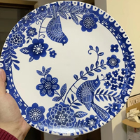 Assiette en céramique Oriental Bleu Blanc Design floral d'oiseau Vaisselle décorative de luxe écologique Passe au micro-ondes Passe au lave-vaisselle pour