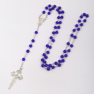 Collier Catholique Personnalisé avec Pendentif Long <span class=keywords><strong>Croix</strong></span>, Chaîne Rosario Guadalupe, Perles <span class=keywords><strong>en</strong></span> Verre Cristal Bleu Foncé - Product Image 1