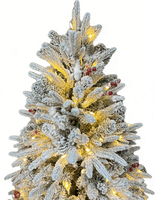Sapin de Noël artificiel pré-éclairé effet neige, avec baies rouges et lumières chaudes pour la décoration de la maison en fêtes