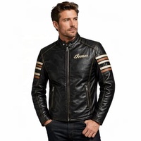 Veste de moto vintage en cuir de vachette vieilli pour homme, avec appliqué aigle personnalisé et logo à rayures doubles parallèles, veste de course en cuir pour homme