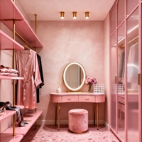 Glam Pastel Pink Solid Wood Dressing Table Set Velvet Stool-LED Lighted Oval Standing Mirror Gold Legs Eco-Friendly Living Room