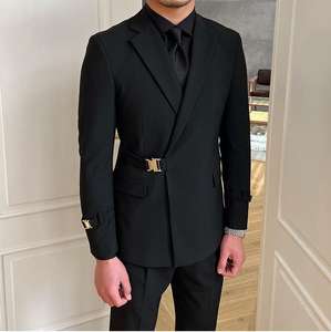 2025 costume d'affaires mince pour hommes en noir de haute qualité messieurs tenue de Banquet de mariage revers cranté Double évents bouton braguette pantalon - Product Image 6