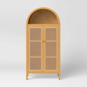 Realza tu espacio con este moderno gabinete de madera de teca y ratán, que combina un diseño elegante con una calidez natural para un estilo sofisticado. - Product Image 1