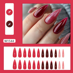 Faux Ongles en Gros, Brillants, Rouge Dégradé, Pailletés, Longs, Stiletto, Couverture Complète, Amande, à Presser, 24 Pièces - Product Image 3