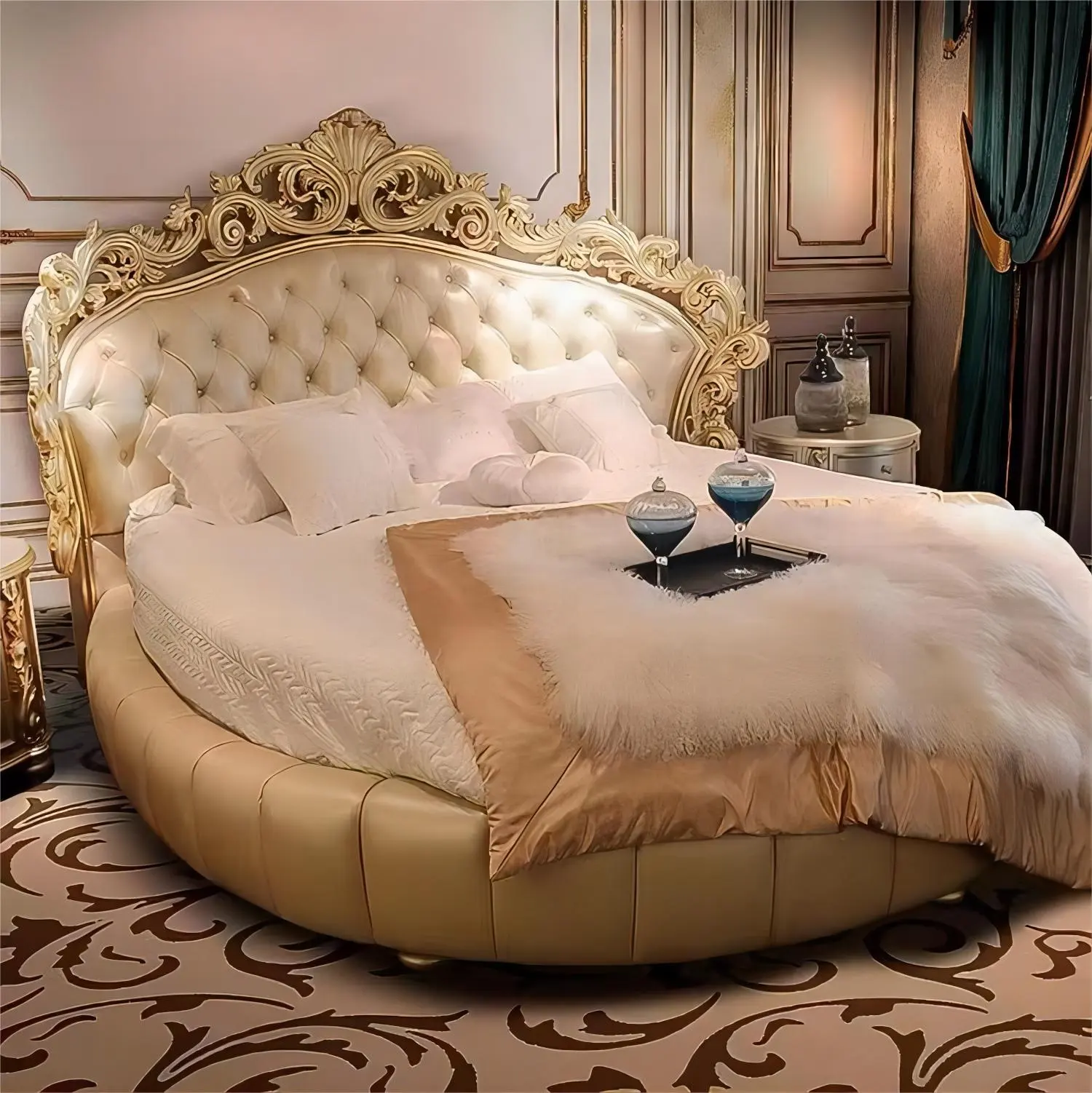 ヨーロッパのヴィンテージスタイルのヴィラの寝室無垢材の手彫りの生地の丸いベッド