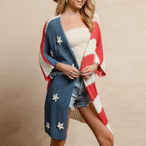 Cardigan en crochet pour femmes, drapeau américain, étoiles et rayures patriotiques, ajouré, kimono, couvre-vêtement, <span class=keywords><strong>4</strong></span> juillet, vêtements <span class=keywords><strong>de</strong></span> plage d'été, pull - Product Image 2
