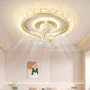 Ventilateur de plafond moderne et simple avec éclairage LED à intensité variable 3 couleurs, en cristal, pour salon de villa, chambre à coucher, bureau principal, oscillant, argenté - Product Image 2