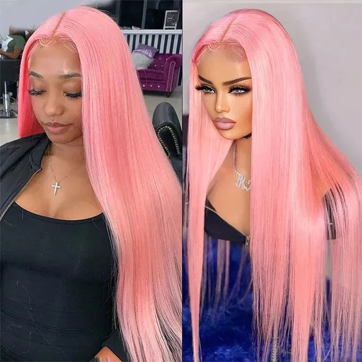 Perruques cheveux humains sans colle cheveux raides rose clair 13x4 HD perruque à lacet 613 couleur Barbie cheveux roses