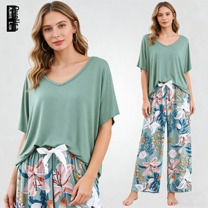 <span class=keywords><strong>Pyjama</strong></span> <span class=keywords><strong>en</strong></span> modal pour femme, style printemps-été, taille élastique avec lien, vêtements de détente, manches courtes, imprimé floral, pantalon large, ensemble <span class=keywords><strong>pyjama</strong></span> - Product Image 1