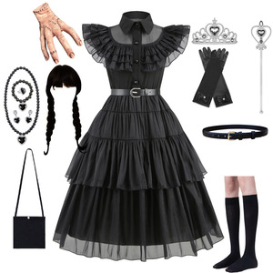 Vestido de Princesa Negro para Niñas <span class=keywords><strong>Adams</strong></span>, Disfraz Familiar de Miércoles, Cosplay, Fiesta de Lujo con Accesorios, 3-10 Años - Product Image 1