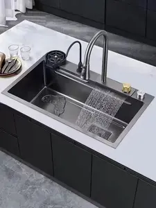 Modern tasarım gelişmiş gri paslanmaz çelik şelale musluk LED sıcaklık göstergesi akıllı mutfak lavabo bıçağı tutucu üç delik