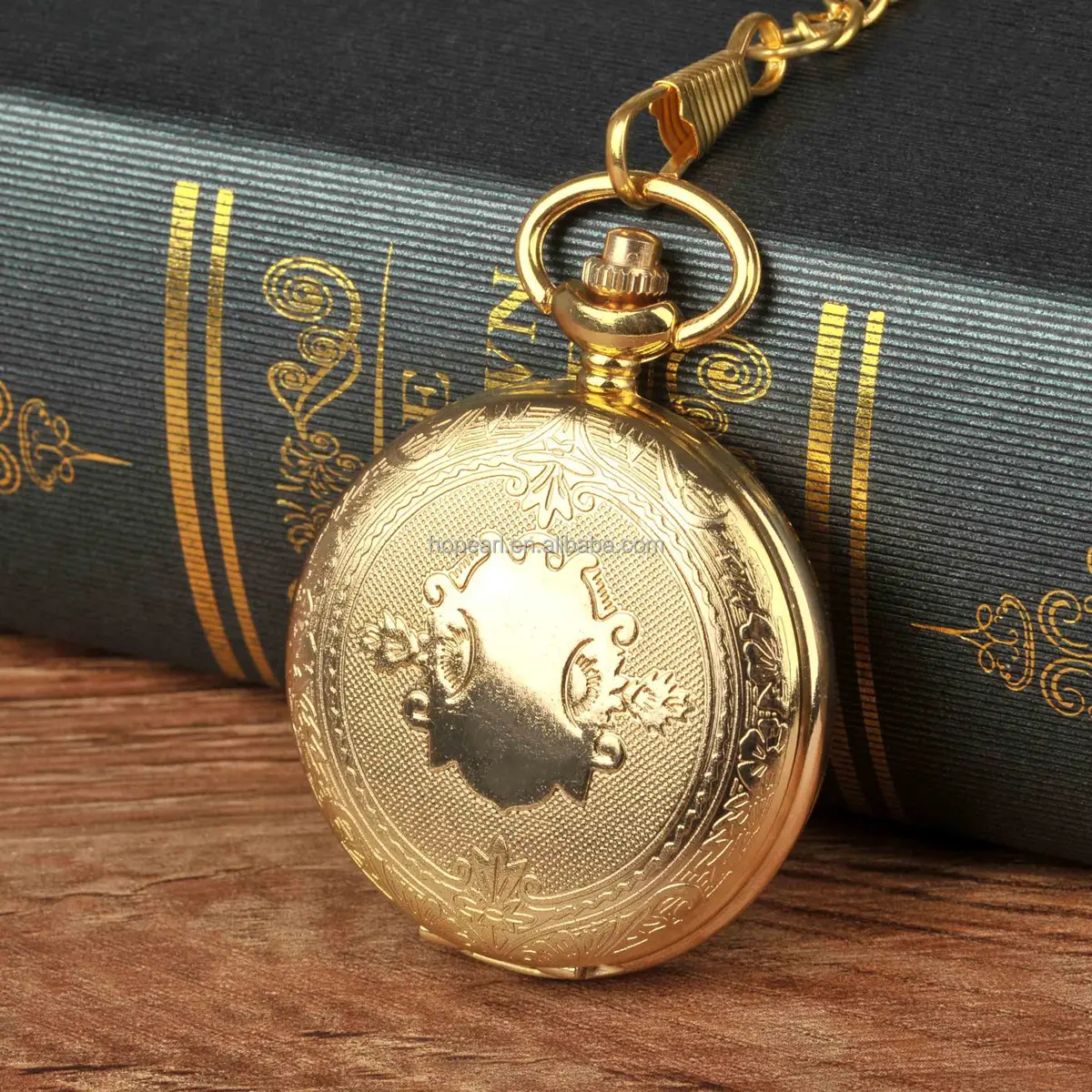 WAH426 Gold Plated Shield Pocket Quartz Watch on Chain with Engraved Flowers
