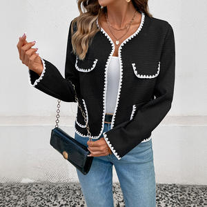 2025 nuevo otoño Color sólido estilo Vintage mujer suelta cuello en V ajuste contraste Color <span class=keywords><strong>chaqueta</strong></span> desabotonada - Product Image 2