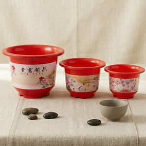 Maceta Decorativa de Plástico Roja, Estilo Chino, con Diseño Impreso, para Jardín, Bonsái, con Patrón de la Suerte, Tamaño Mediano - Product Image 1