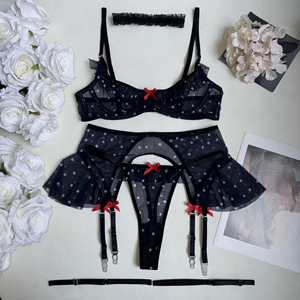 Conjunto transparente de 3 piezas de lunares, ropa interior negra erótica, lencería de encaje para mujer - Product Image 6