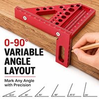 Règle carrée de menuiserie 3D à 90 degrés en alliage d'aluminium, outil de traçage multi-angles avec trous |   Rouge Bleu |   Options Métriques et Impériales