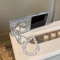 Casing Ponsel Cermin Hati Berkilau Bling untuk Samsung Galaxy Z Flip 8 7 6 5 dengan Tali Pergelangan Tangan Berhias Berlian dan Penyangga Lipat
