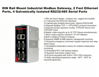 Gateway Industrial IoT para Riel DIN, 1 Puerto RS485, 4G LTE Cat4, MQTT, Modbus TCP, Doble SIM, Alimentación Redundante, Amplio Rango de Temperatura
