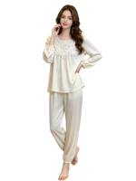 Pyjama long en satin uni et lisse pour femme, taille élastique, manches longues, style décontracté et luxueux, idéal pour le printemps