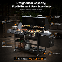 Barbecue d'extérieur à quatre brûleurs au gaz et au charbon de bois en fonte, avec fumoir latéral et finition revêtue, idéal pour les réunions de famille